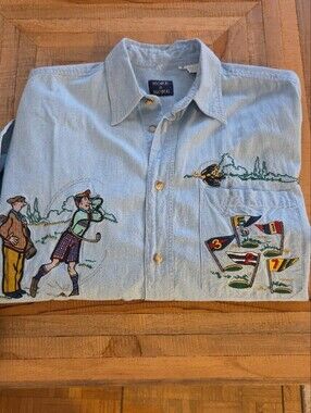 Vintage 80s Light Blue Denim oversized Embroidered Golf Button-Down Shirt Size M